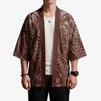 Hawaiian Turtles and Leis Kimono Tribal Kakau Pattern Mocha Mousse Color