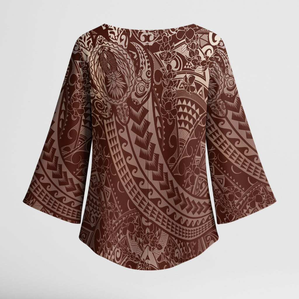 Hawaiian Turtles and Leis Kimono Sleeve Blouse Tribal Kakau Pattern Mocha Mousse Color