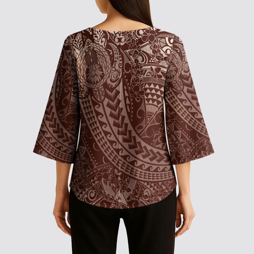 Hawaiian Turtles and Leis Kimono Sleeve Blouse Tribal Kakau Pattern Mocha Mousse Color