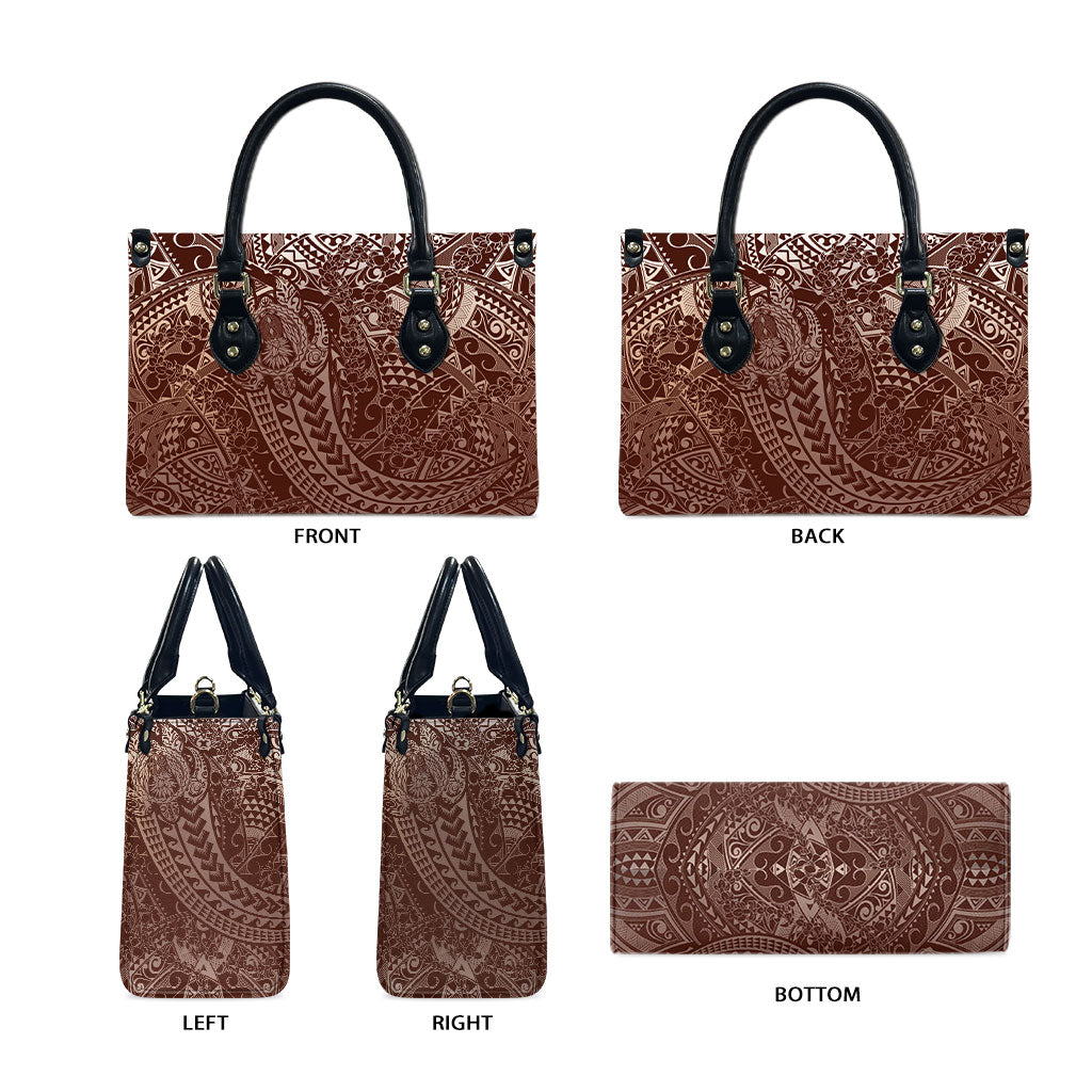 Hawaiian Turtles and Leis Leather Bag Tribal Kakau Pattern Mocha Mousse Color