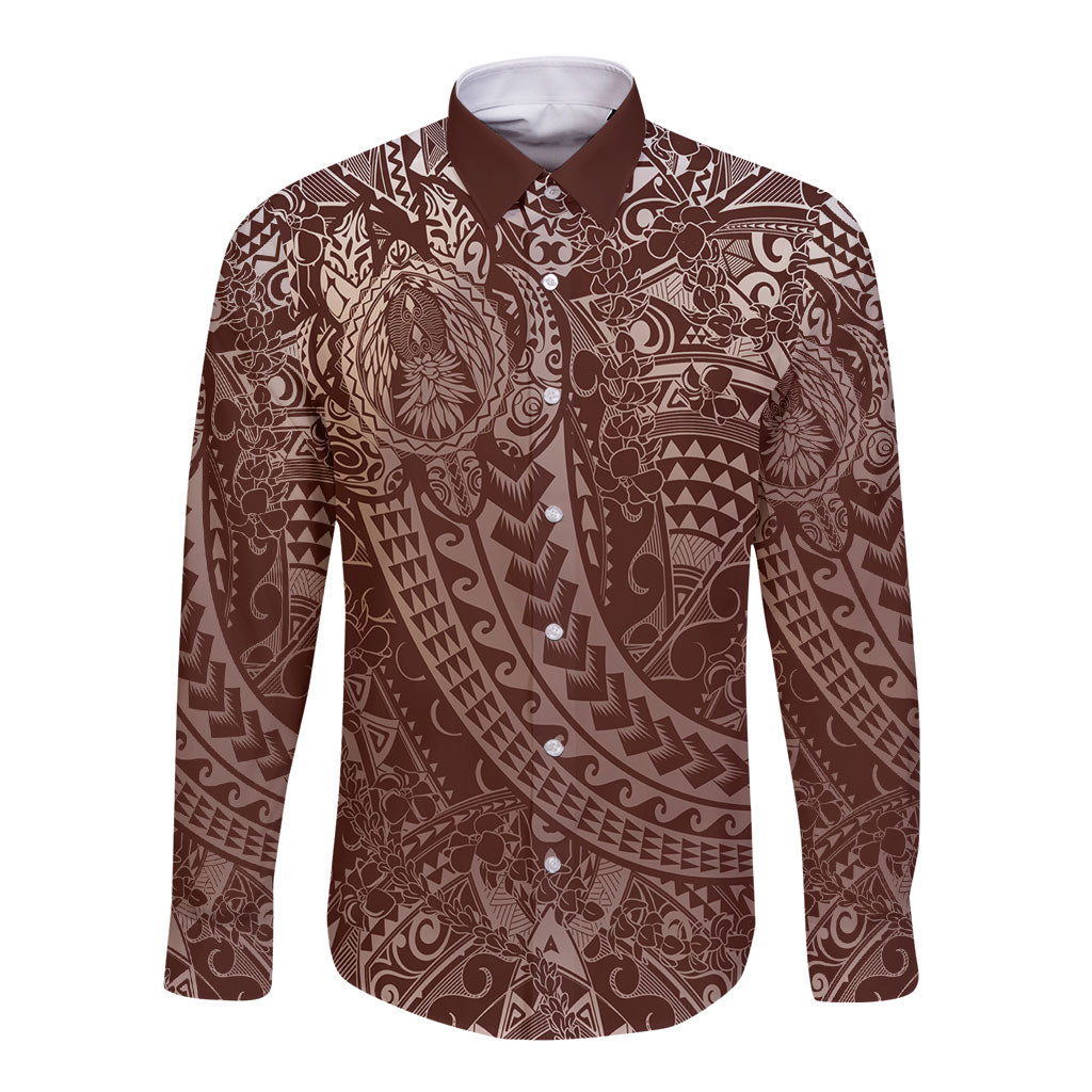 Hawaiian Turtles and Leis Long Sleeve Button Shirt Tribal Kakau Pattern Mocha Mousse Color LT03 Unisex Mocha Mousse - Polynesian Pride