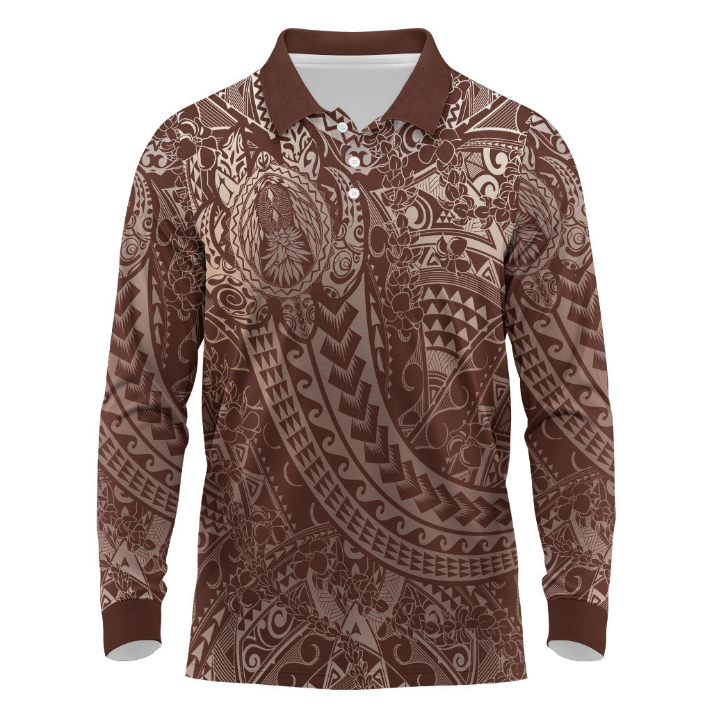 Hawaiian Turtles and Leis Long Sleeve Polo Shirt Tribal Kakau Pattern Mocha Mousse Color