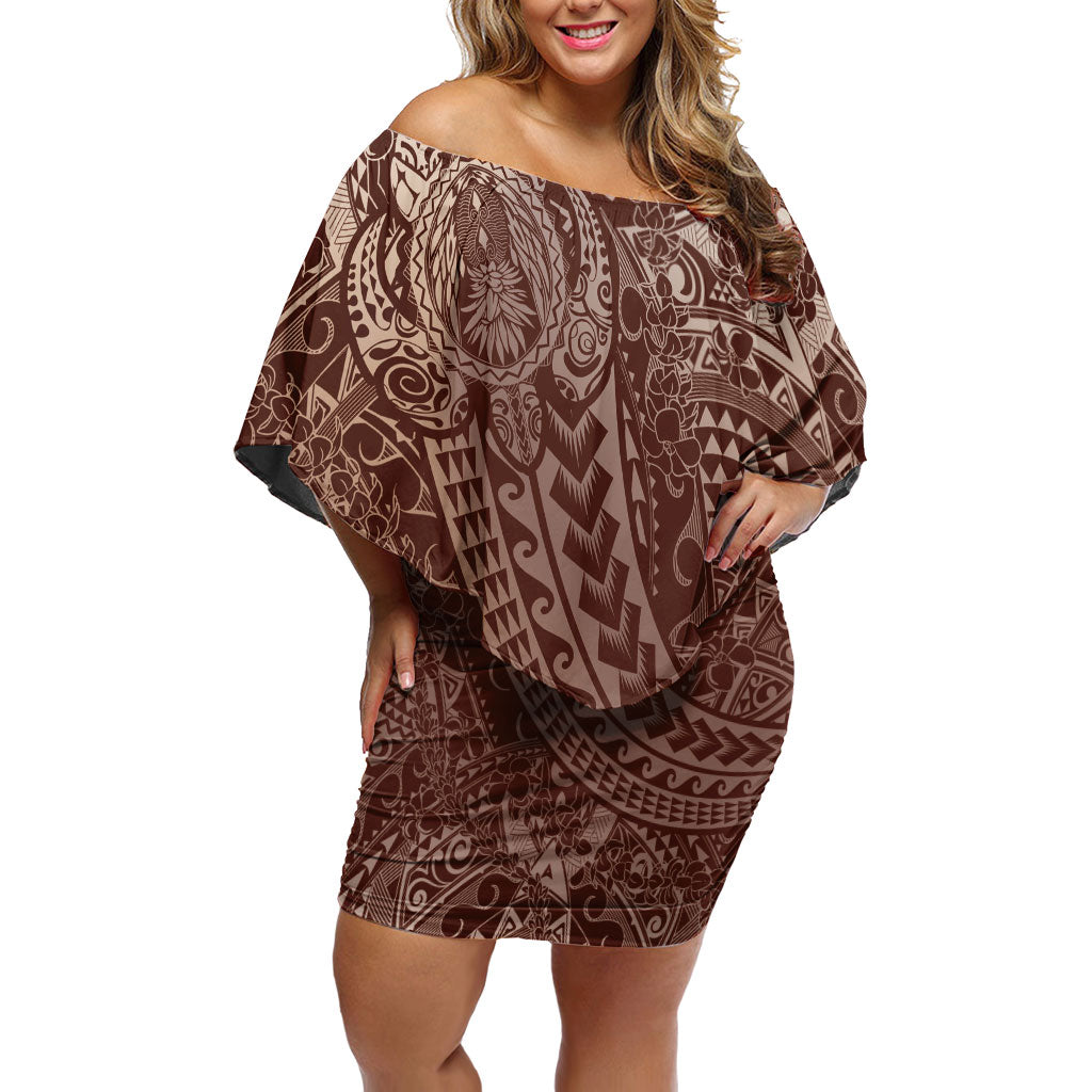 Hawaiian Turtles and Leis Off Shoulder Short Dress Tribal Kakau Pattern Mocha Mousse Color