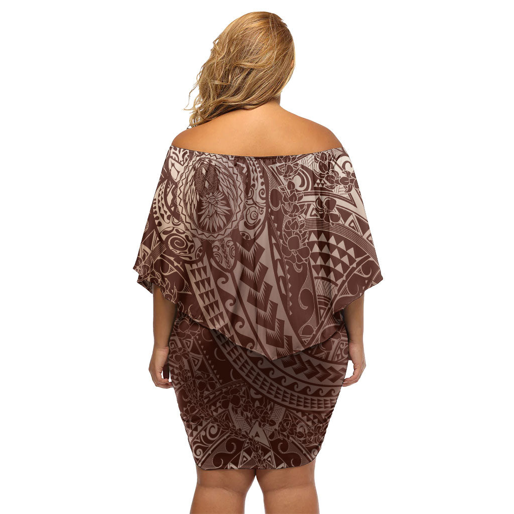 Hawaiian Turtles and Leis Off Shoulder Short Dress Tribal Kakau Pattern Mocha Mousse Color
