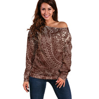 Hawaiian Turtles and Leis Off Shoulder Sweater Tribal Kakau Pattern Mocha Mousse Color