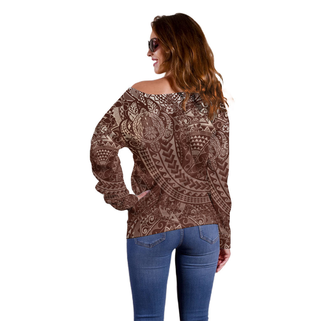 Hawaiian Turtles and Leis Off Shoulder Sweater Tribal Kakau Pattern Mocha Mousse Color