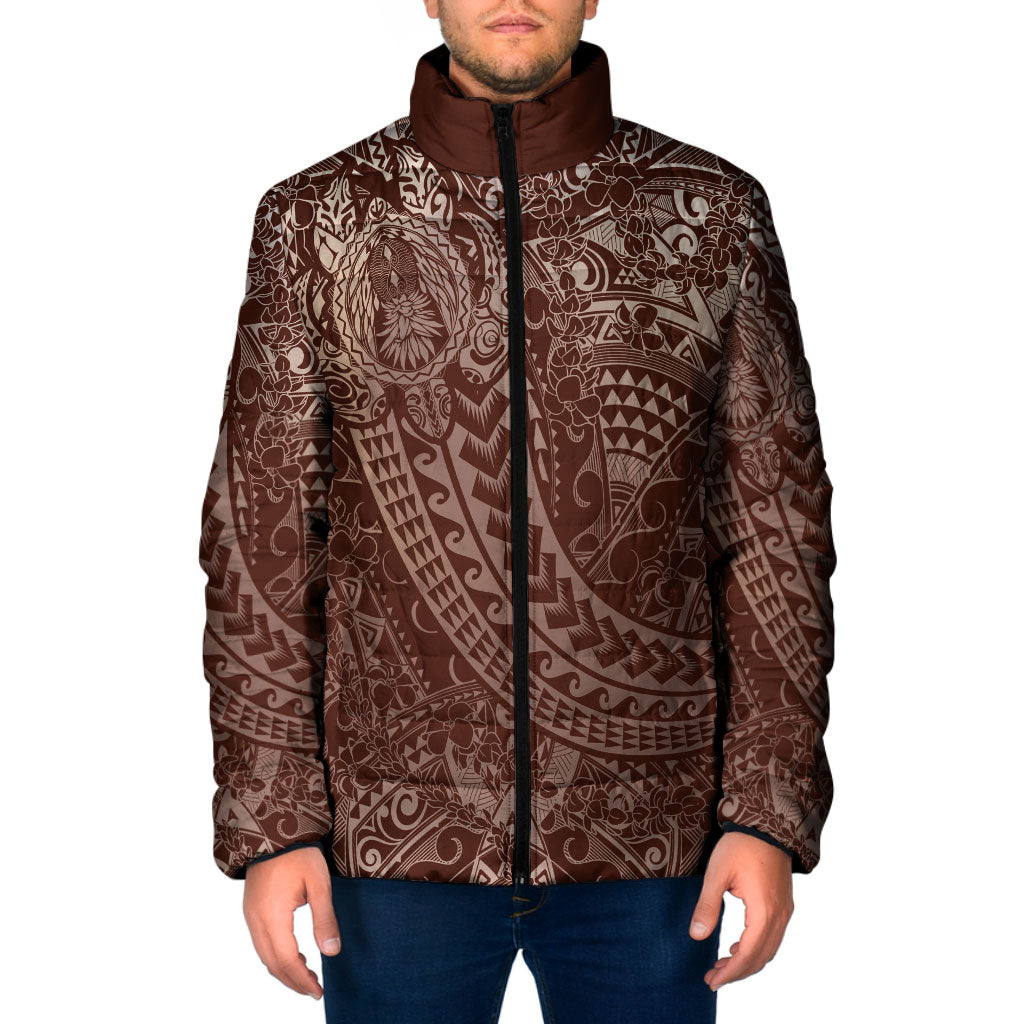 Hawaiian Turtles and Leis Padded Jacket Tribal Kakau Pattern Mocha Mousse Color