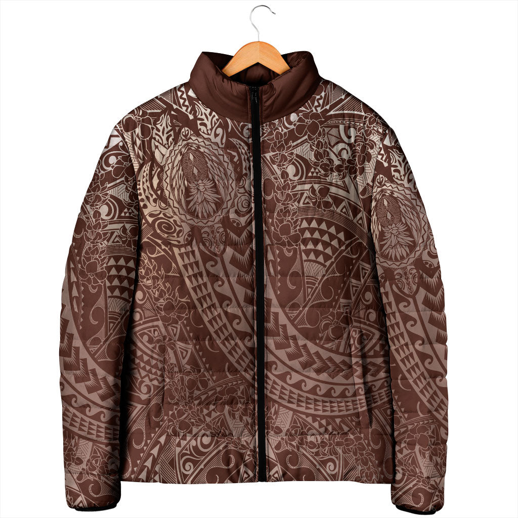 Hawaiian Turtles and Leis Padded Jacket Tribal Kakau Pattern Mocha Mousse Color