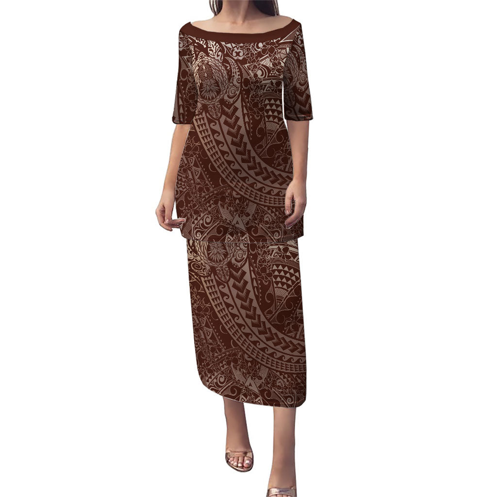 Hawaiian Turtles and Leis Puletasi Tribal Kakau Pattern Mocha Mousse Color LT03 Long Dress Mocha Mousse - Polynesian Pride