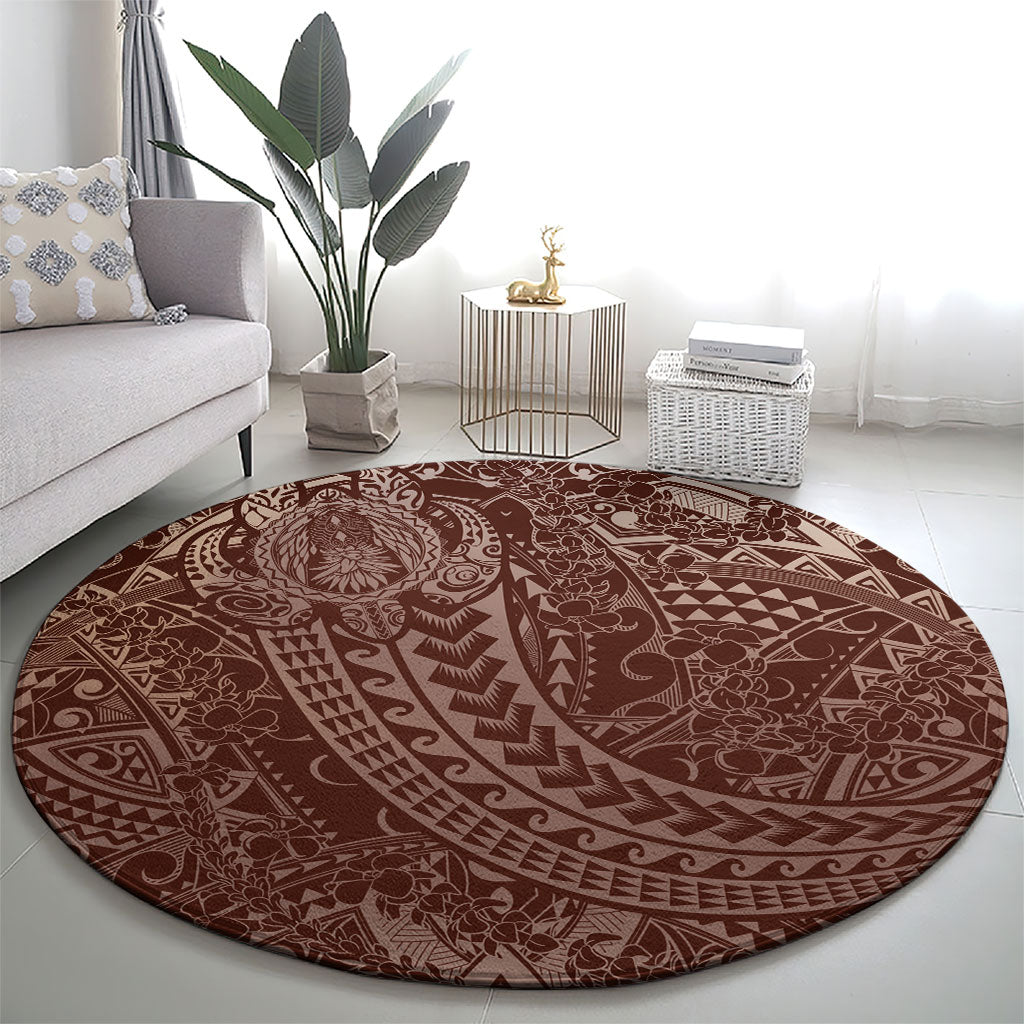 Hawaiian Turtles and Leis Round Carpet Tribal Kakau Pattern Mocha Mousse Color