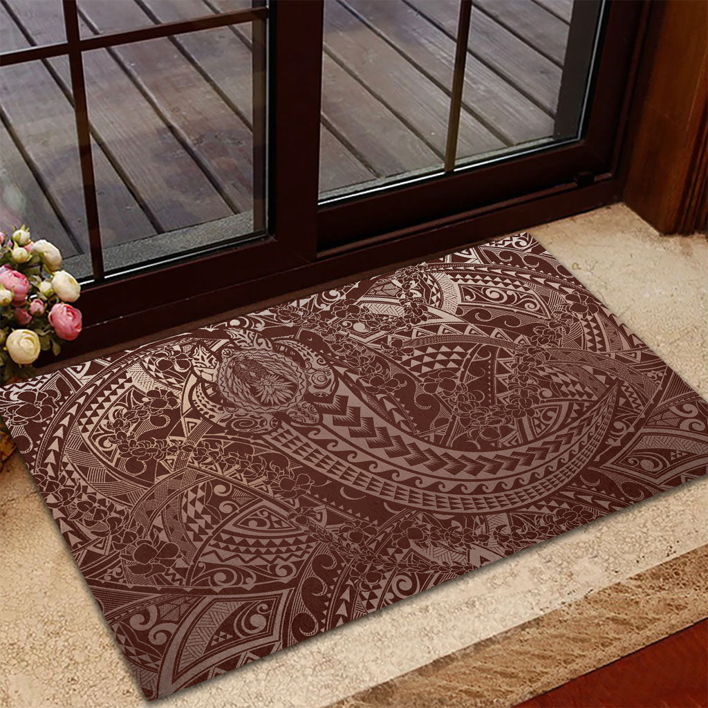 Hawaiian Turtles and Leis Rubber Doormat Tribal Kakau Pattern Mocha Mousse Color