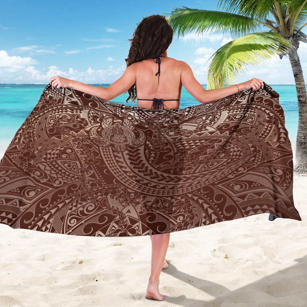 Hawaiian Turtles and Leis Sarong Tribal Kakau Pattern Mocha Mousse Color