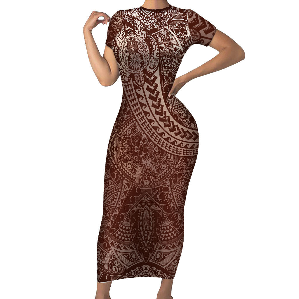 Hawaiian Turtles and Leis Short Sleeve Bodycon Dress Tribal Kakau Pattern Mocha Mousse Color LT03 Long Dress Mocha Mousse - Polynesian Pride