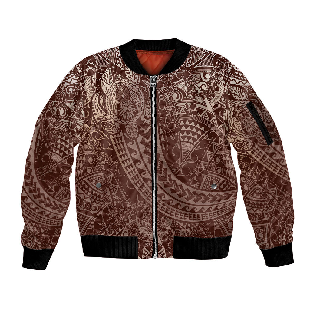 Hawaiian Turtles and Leis Sleeve Zip Bomber Jacket Tribal Kakau Pattern Mocha Mousse Color