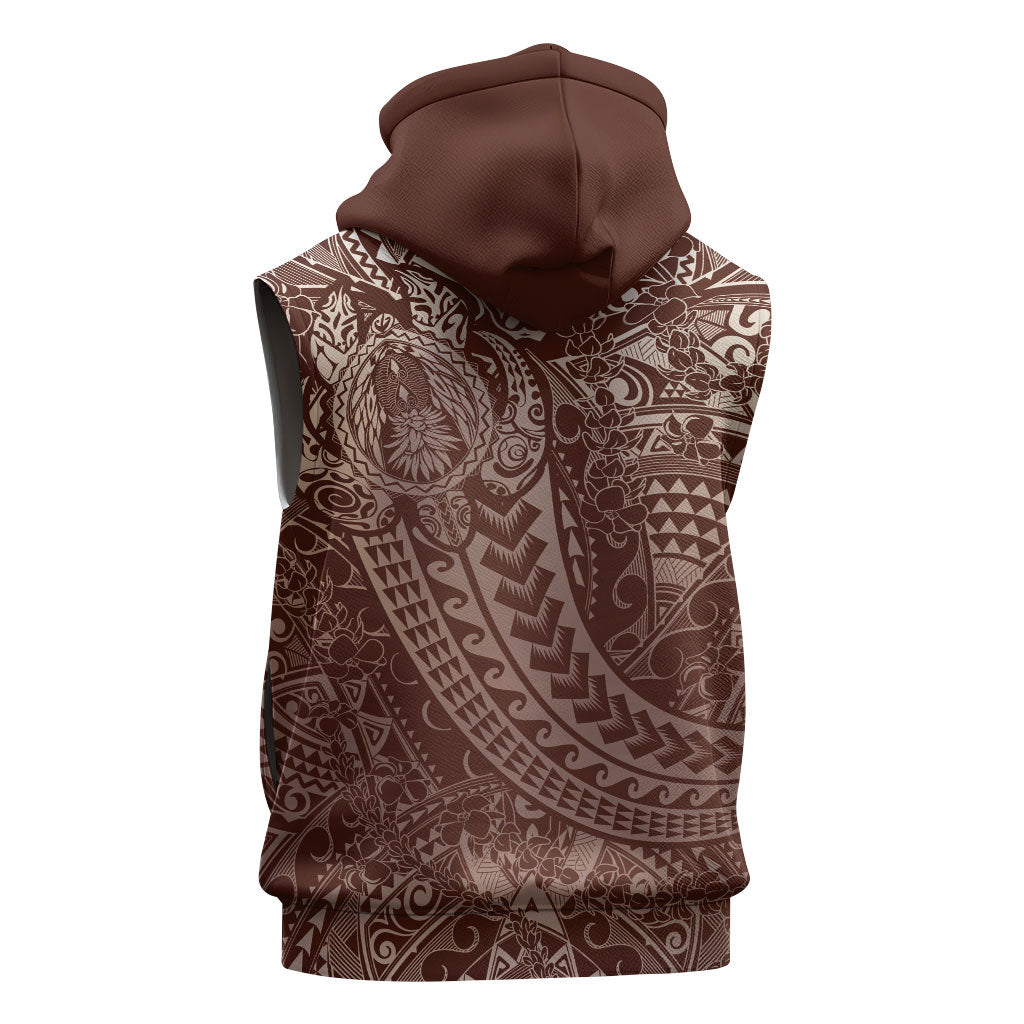 Hawaiian Turtles and Leis Sleeveless Hoodie Tribal Kakau Pattern Mocha Mousse Color