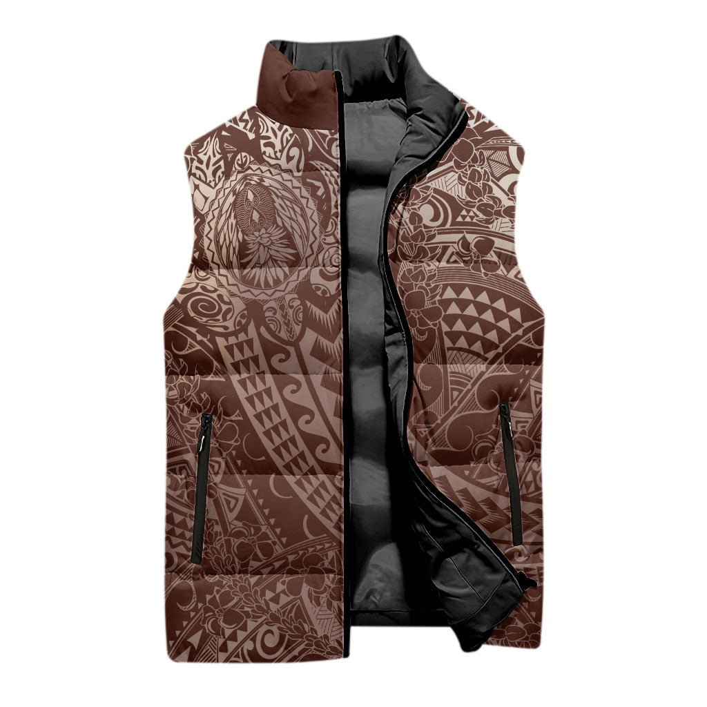 Hawaiian Turtles and Leis Sleeveless Puffer Jacket Tribal Kakau Pattern Mocha Mousse Color
