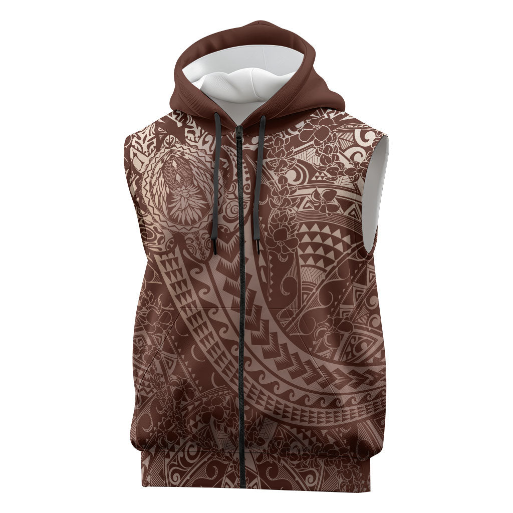 Hawaiian Turtles and Leis Sleeveless Zip Hoodie Tribal Kakau Pattern Mocha Mousse Color