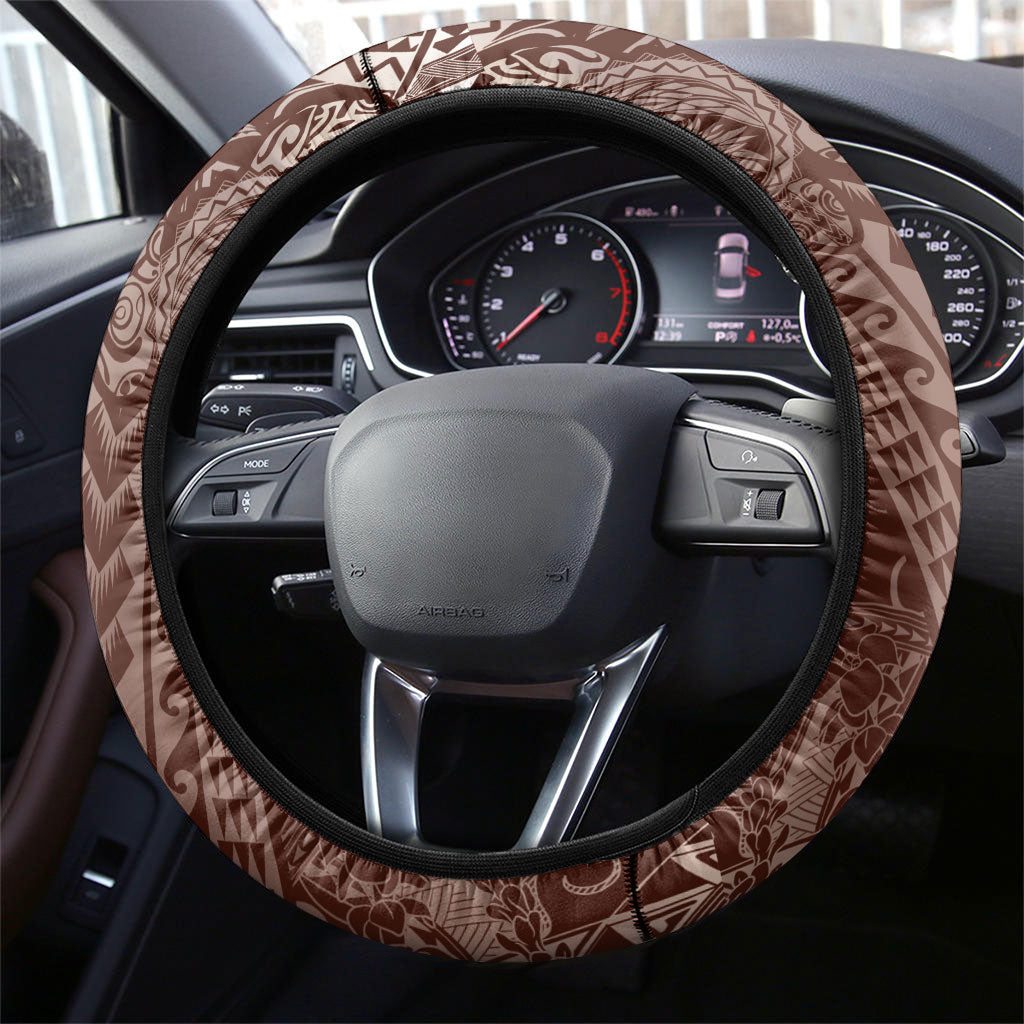 Hawaiian Turtles and Leis Steering Wheel Cover Tribal Kakau Pattern Mocha Mousse Color