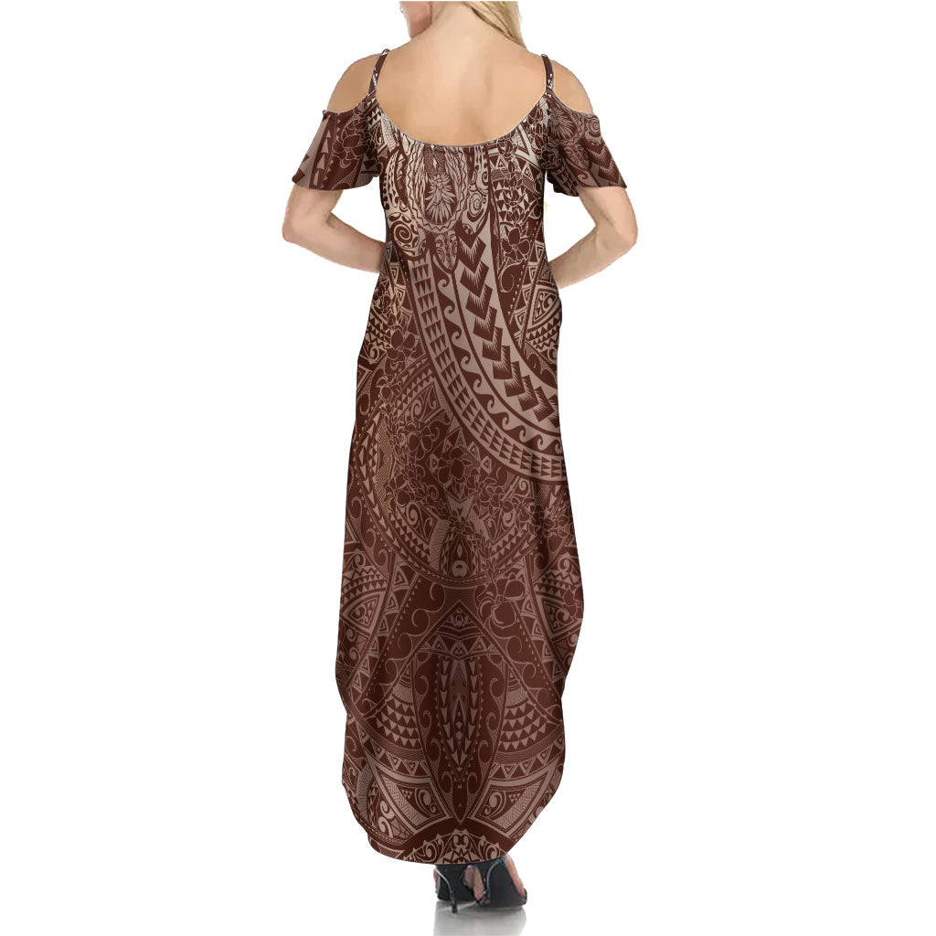 Hawaiian Turtles and Leis Summer Maxi Dress Tribal Kakau Pattern Mocha Mousse Color