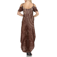 Hawaiian Turtles and Leis Summer Maxi Dress Tribal Kakau Pattern Mocha Mousse Color