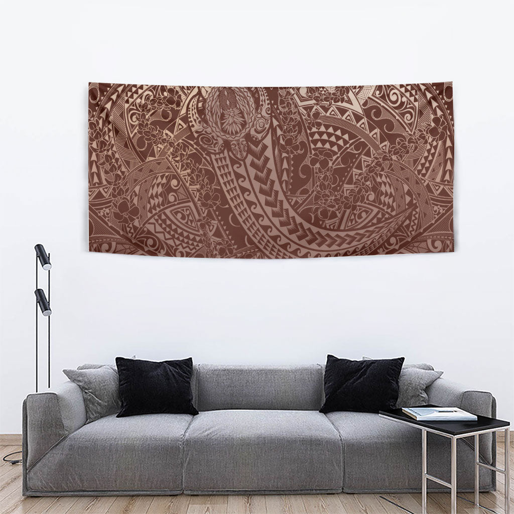 Hawaiian Turtles and Leis Tapestry Tribal Kakau Pattern Mocha Mousse Color