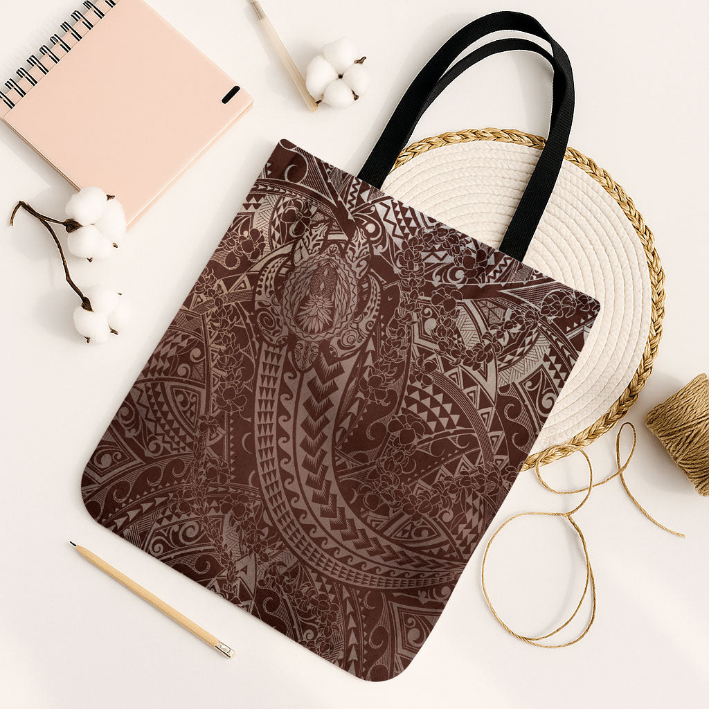 Hawaiian Turtles and Leis Tote Bag Tribal Kakau Pattern Mocha Mousse Color