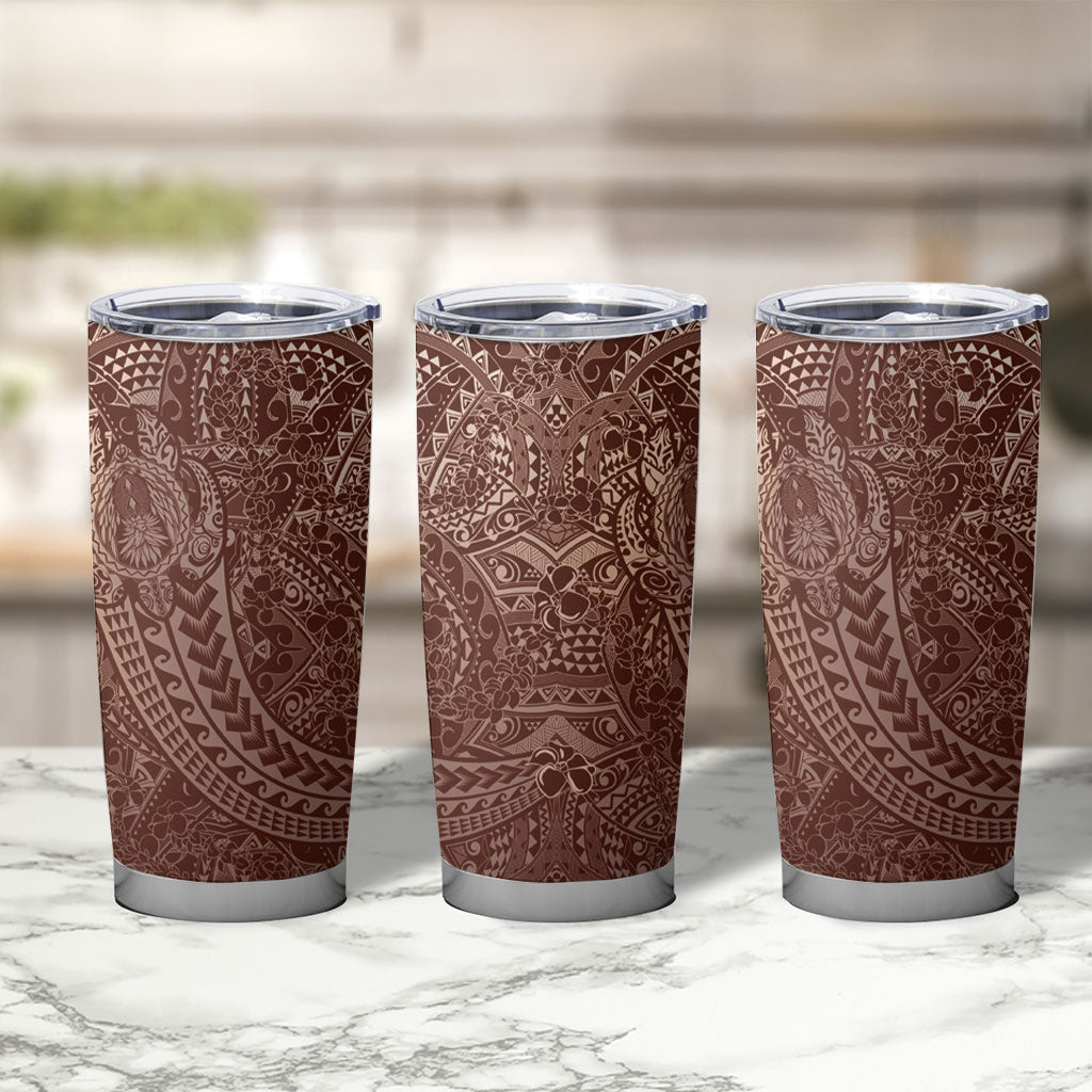 Hawaiian Turtles and Leis Tumbler Cup Tribal Kakau Pattern Mocha Mousse Color