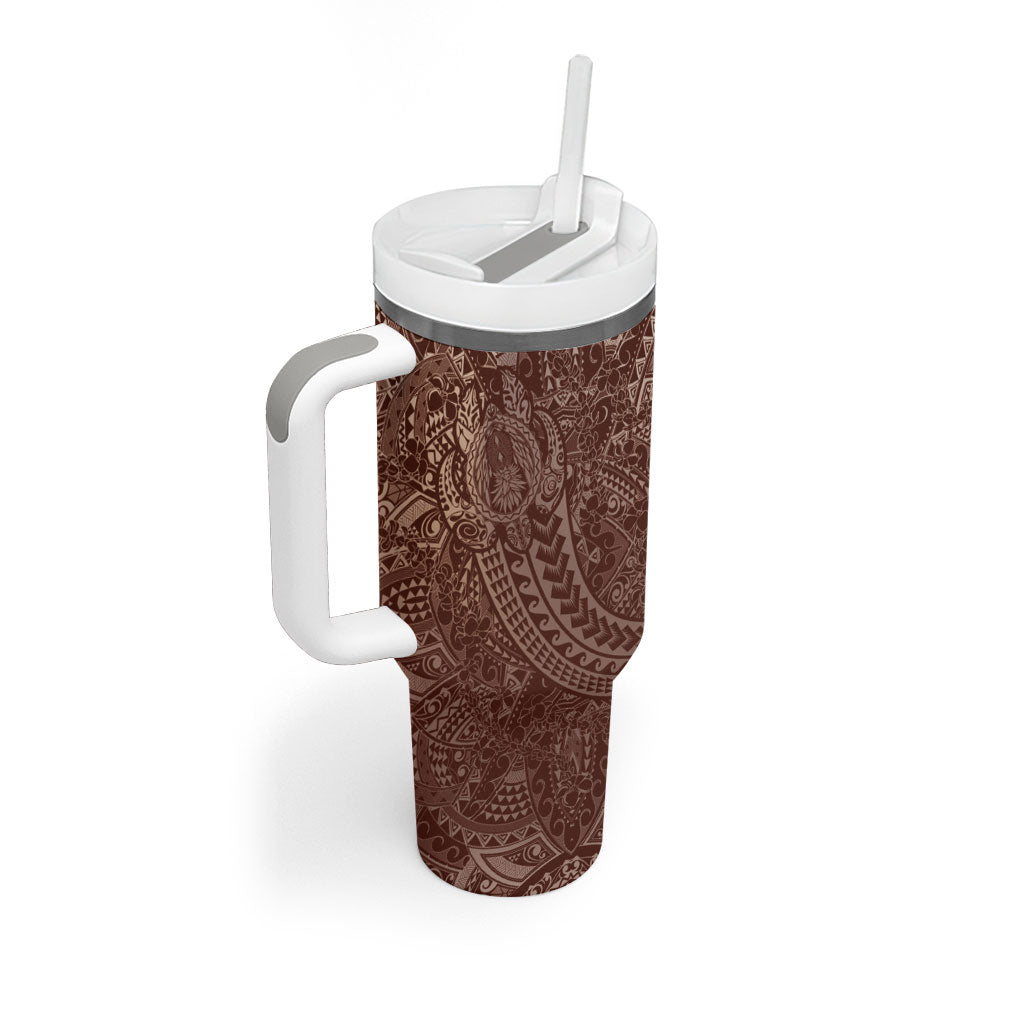 Hawaiian Turtles and Leis Tumbler With Handle Tribal Kakau Pattern Mocha Mousse Color