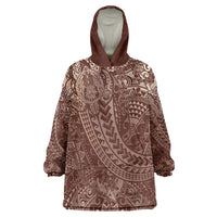Hawaiian Turtles and Leis Wearable Blanket Hoodie Tribal Kakau Pattern Mocha Mousse Color
