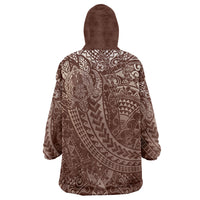Hawaiian Turtles and Leis Wearable Blanket Hoodie Tribal Kakau Pattern Mocha Mousse Color