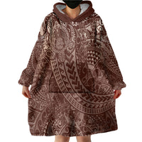 Hawaiian Turtles and Leis Wearable Blanket Hoodie Tribal Kakau Pattern Mocha Mousse Color