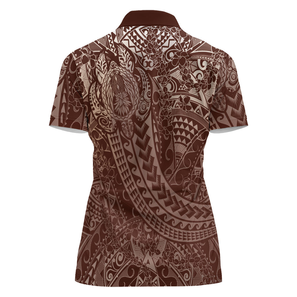 Hawaiian Turtles and Leis Women Polo Shirt Tribal Kakau Pattern Mocha Mousse Color