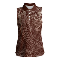 Hawaiian Turtles and Leis Women Sleeveless Polo Shirt Tribal Kakau Pattern Mocha Mousse Color