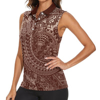 Hawaiian Turtles and Leis Women Sleeveless Polo Shirt Tribal Kakau Pattern Mocha Mousse Color