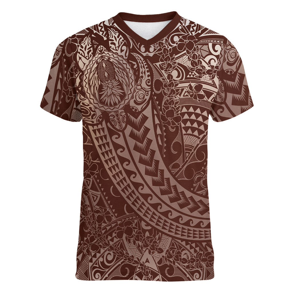 Hawaiian Turtles and Leis Women V-Neck T-Shirt Tribal Kakau Pattern Mocha Mousse Color