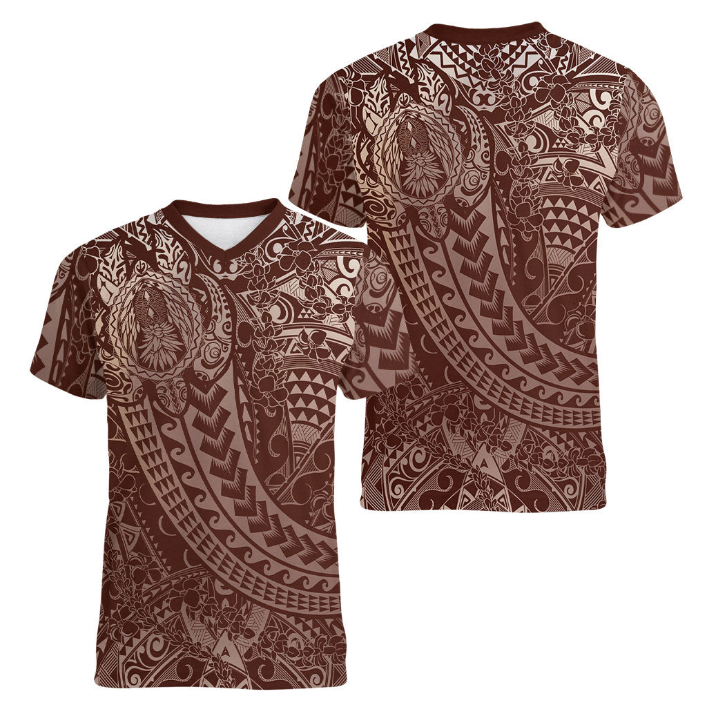 Hawaiian Turtles and Leis Women V-Neck T-Shirt Tribal Kakau Pattern Mocha Mousse Color