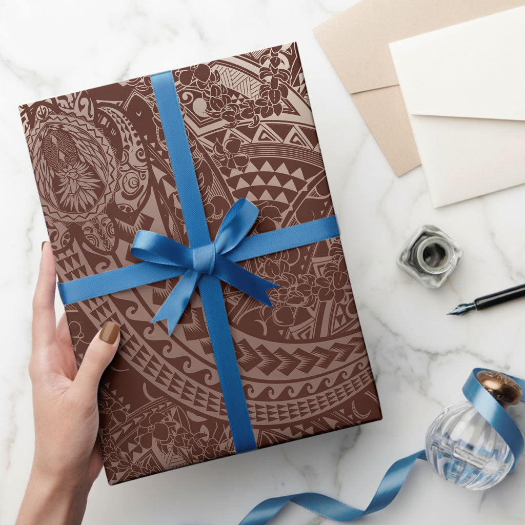 Hawaiian Turtles and Leis Wrapping Paper Tribal Kakau Pattern Mocha Mousse Color