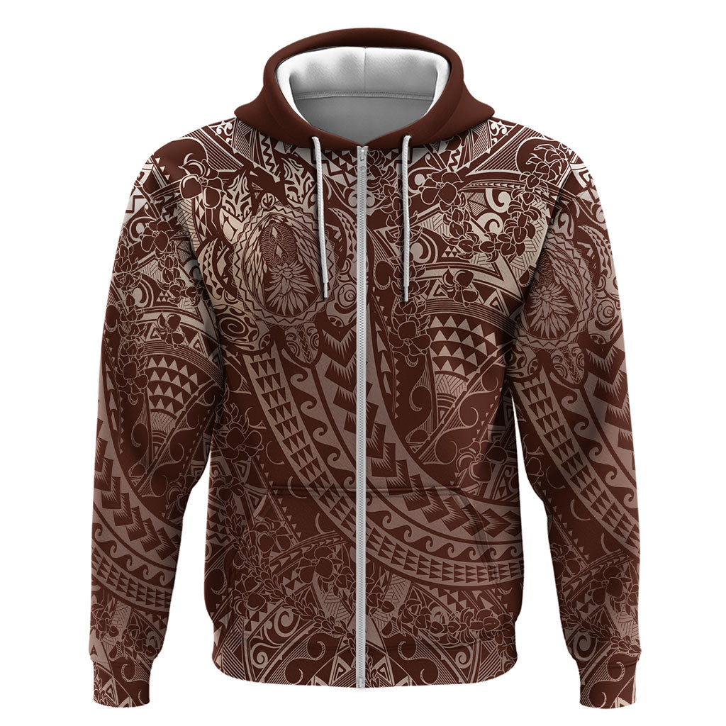 Hawaiian Turtles and Leis Zip Hoodie Tribal Kakau Pattern Mocha Mousse Color