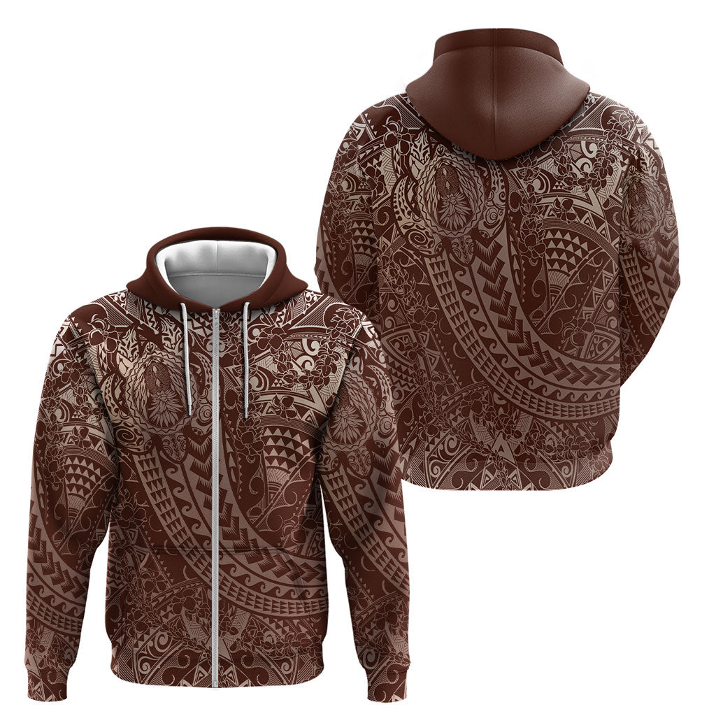 Hawaiian Turtles and Leis Zip Hoodie Tribal Kakau Pattern Mocha Mousse Color