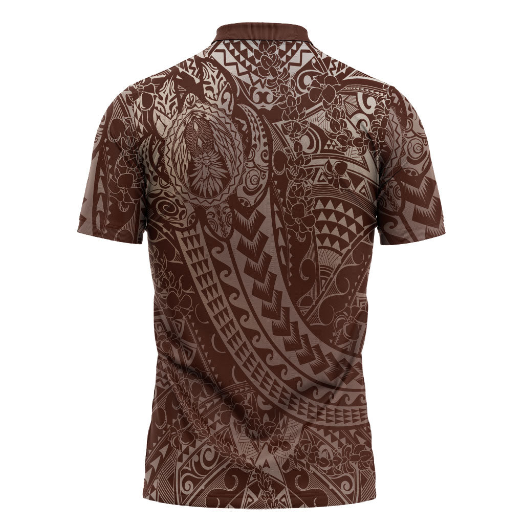 Hawaiian Turtles and Leis Zipper Polo Shirt Tribal Kakau Pattern Mocha Mousse Color