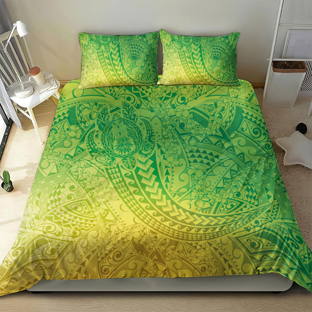 Hawaiian Turtles and Leis Bedding Set Tribal Kakau Pattern Fresh Summer Vibe