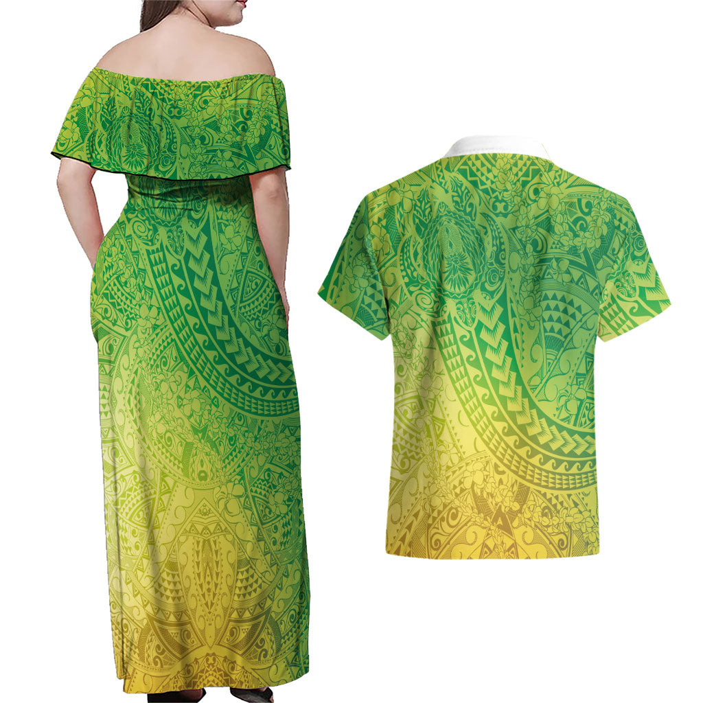 Hawaiian Turtles and Leis Couples Matching Off Shoulder Maxi Dress and Hawaiian Shirt Tribal Kakau Pattern Fresh Summer Vibe