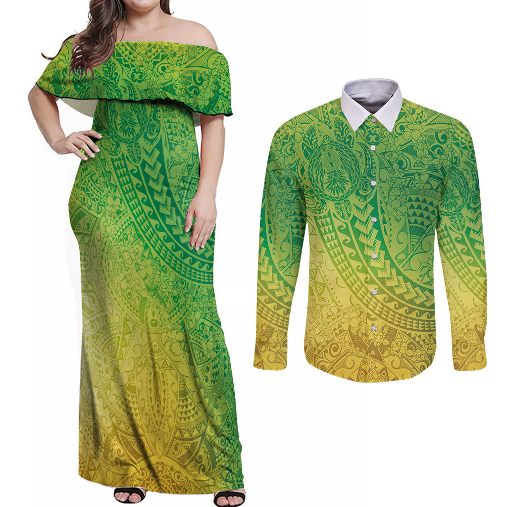 Hawaiian Turtles and Leis Couples Matching Off Shoulder Maxi Dress and Long Sleeve Button Shirt Tribal Kakau Pattern Fresh Summer Vibe LT03 Green - Polynesian Pride