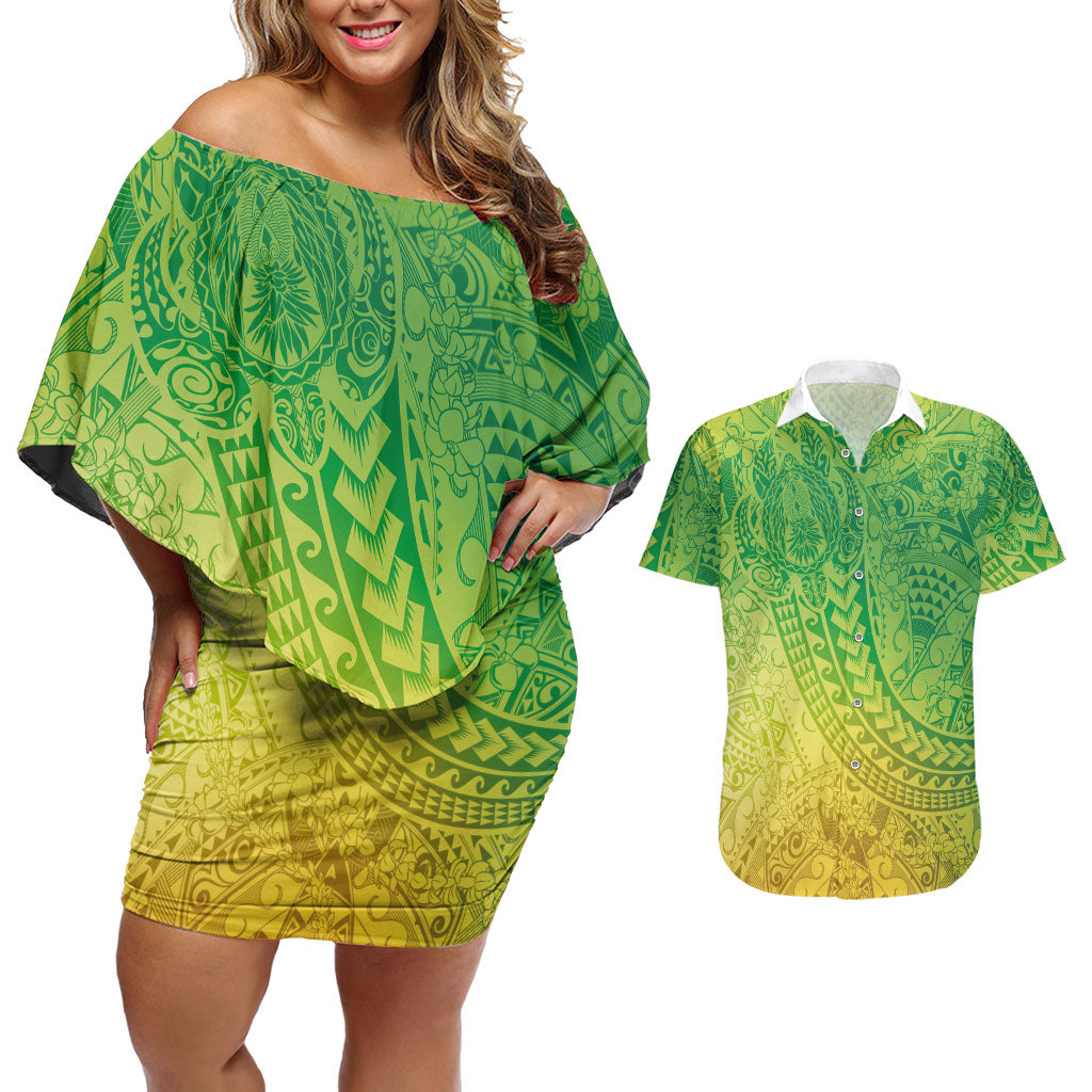 Hawaiian Turtles and Leis Couples Matching Off Shoulder Short Dress and Hawaiian Shirt Tribal Kakau Pattern Fresh Summer Vibe
