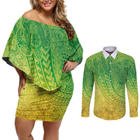 Hawaiian Turtles and Leis Couples Matching Off Shoulder Short Dress and Long Sleeve Button Shirt Tribal Kakau Pattern Fresh Summer Vibe