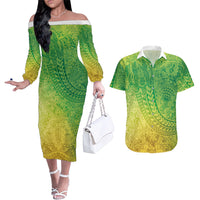 Hawaiian Turtles and Leis Couples Matching Off The Shoulder Long Sleeve Dress and Hawaiian Shirt Tribal Kakau Pattern Fresh Summer Vibe