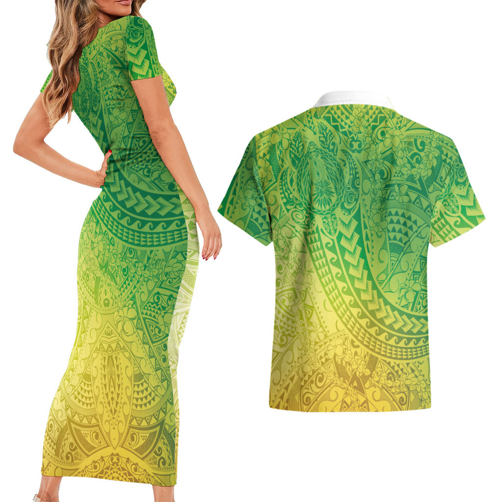 Hawaiian Turtles and Leis Couples Matching Short Sleeve Bodycon Dress and Hawaiian Shirt Tribal Kakau Pattern Fresh Summer Vibe