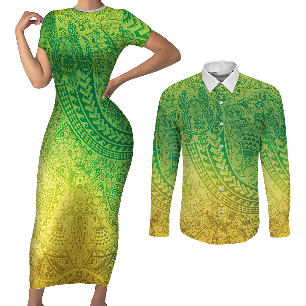 Hawaiian Turtles and Leis Couples Matching Short Sleeve Bodycon Dress and Long Sleeve Button Shirt Tribal Kakau Pattern Fresh Summer Vibe