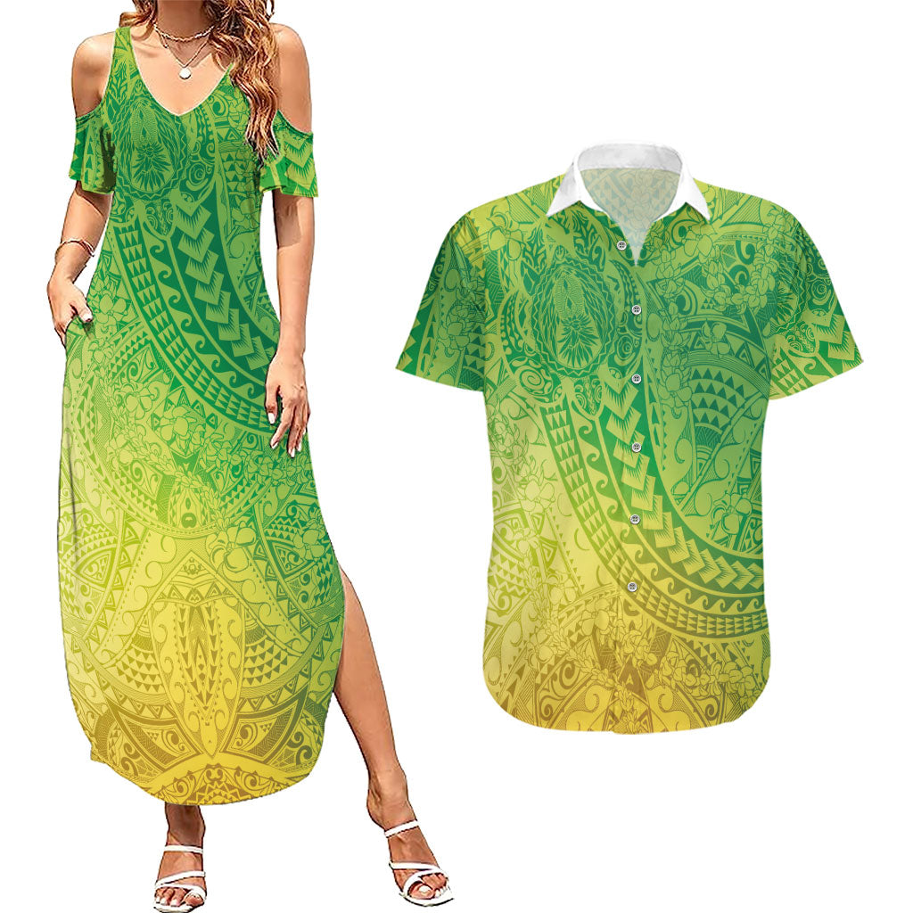 Hawaiian Turtles and Leis Couples Matching Summer Maxi Dress and Hawaiian Shirt Tribal Kakau Pattern Fresh Summer Vibe LT03 Green - Polynesian Pride