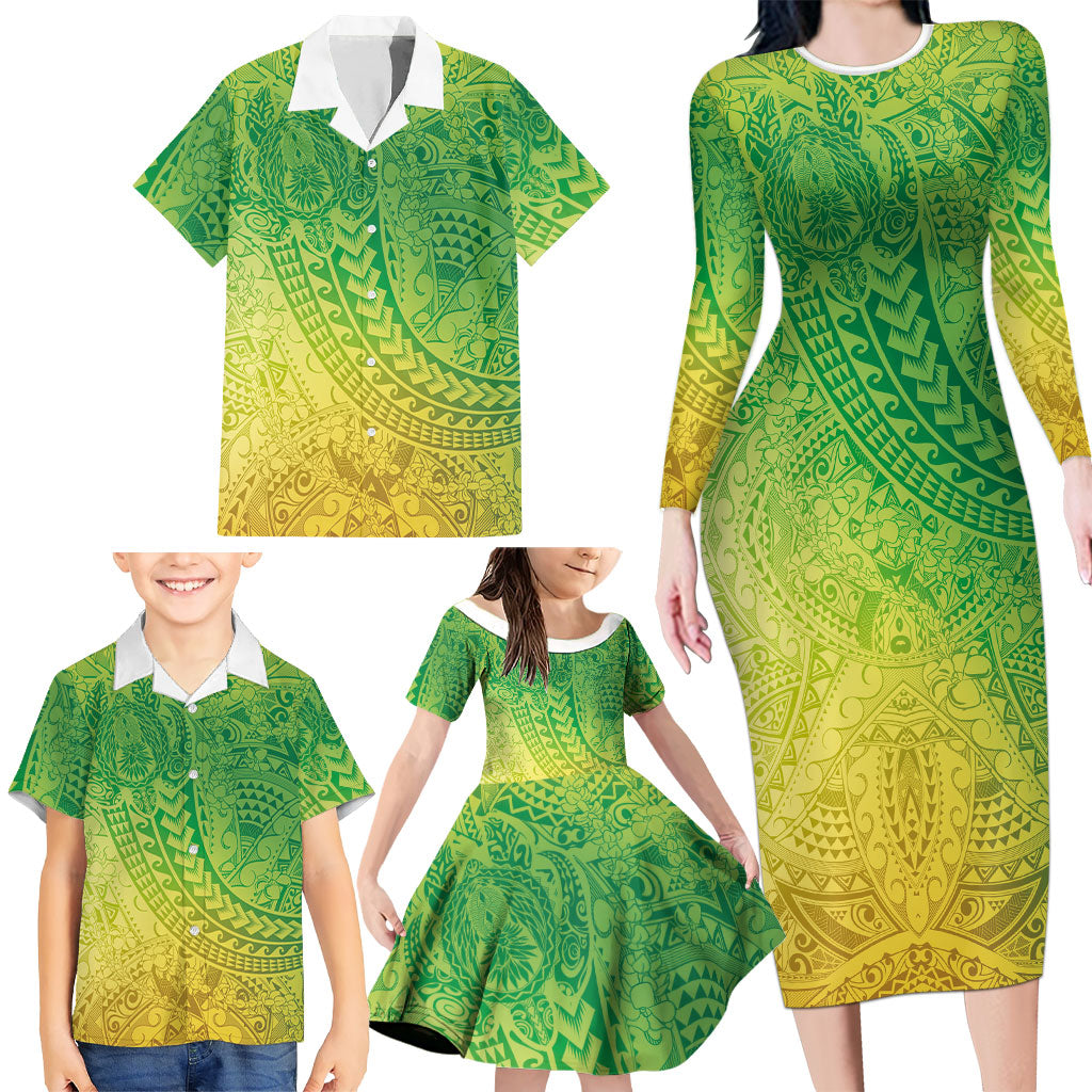 Hawaiian Turtles and Leis Family Matching Long Sleeve Bodycon Dress and Hawaiian Shirt Tribal Kakau Pattern Fresh Summer Vibe